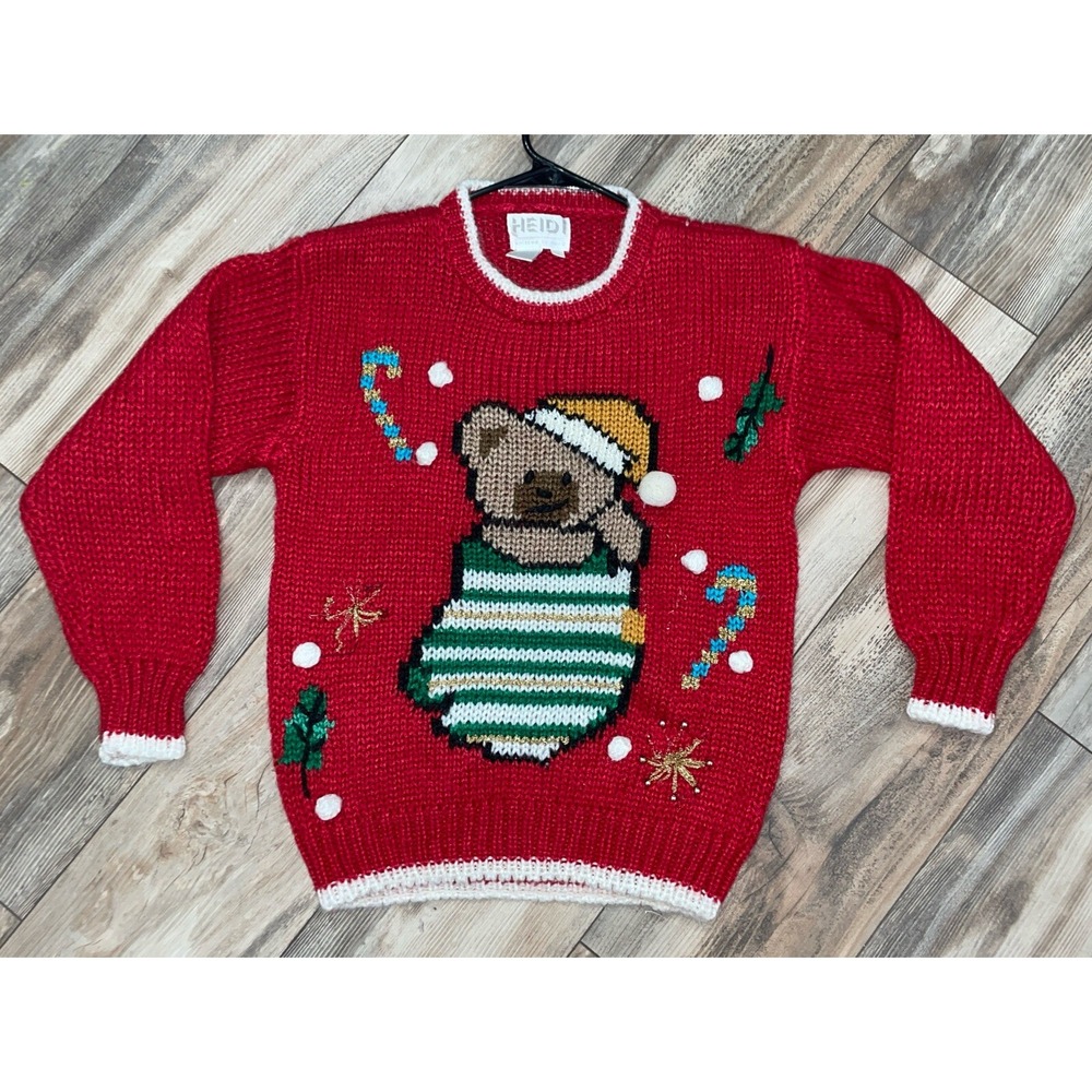 Heidi Vintage 80s Christmas Sweater Teddy Bear In‎ Stocking Hand Knit Size M